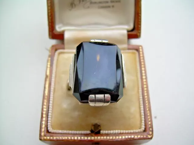 Antique Art Deco Original Silver Black Onyx Large Stone Ring Size Q.