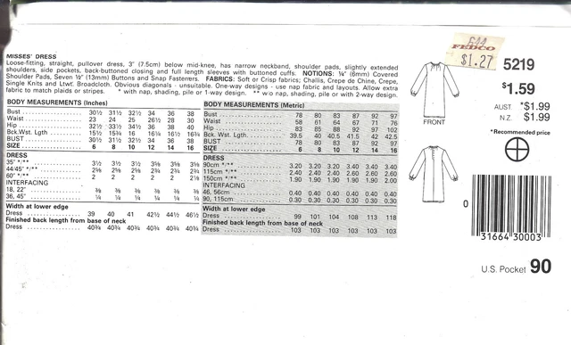 UNCUT Vintage Butterick Sewing Pattern Misses Loose Fitting Pullover Dress 5219 2