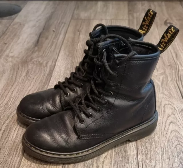 Dr Martens Black Leather Boots - Size 2 UK Womens / Girls. 1460 J.