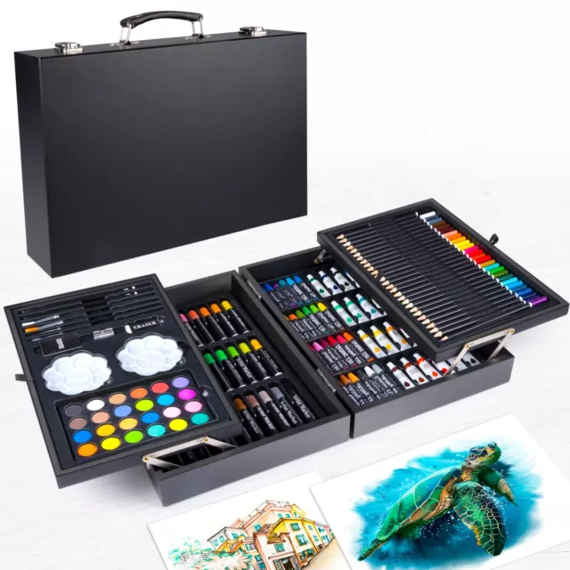 145 Pc Creative Art Drawing Painting Pastel Pencils Set With Black Wooden Box