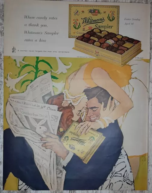 1963 Whitman's Sampler Vintage Print Ad Chocolate Gift Man Woman Kiss Thank You
