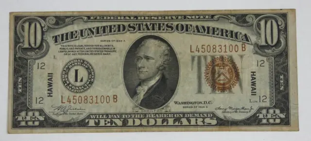 Series 1934-A  $10 HAWAII Fed Reserve Note VERY FINE Fr#2303 ~ No Pinholes/Tears