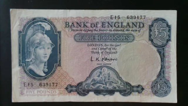 UK, (O'Brien), £5 Note, 1957-1961. Serial # E15 639177. Pick # 371. EPM # B 277.