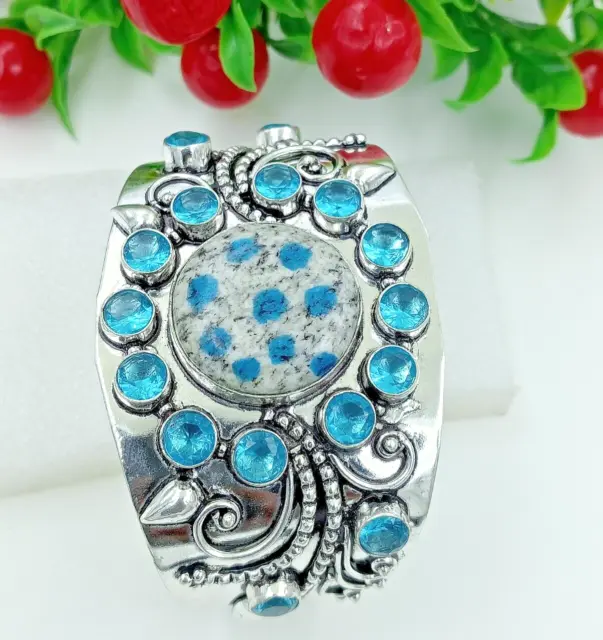 K2 jasper & Swiss Blue Topaz Gemstone 925 sterling Silver Jewelry Cuff Bracelet