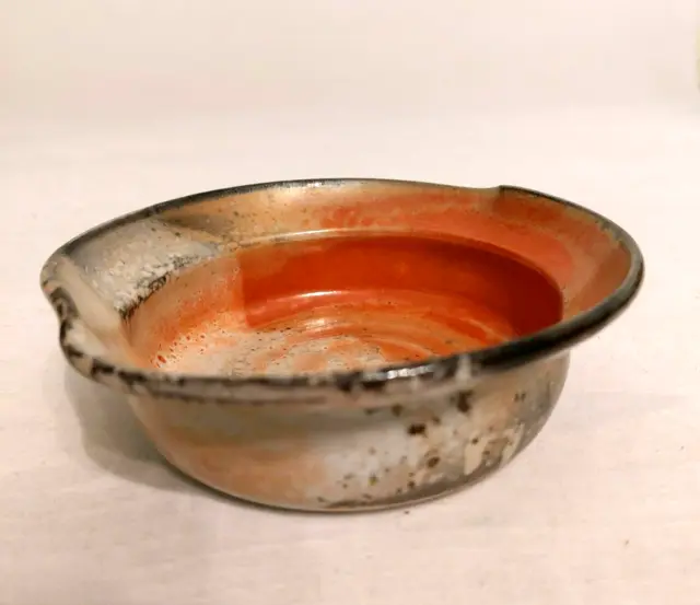 Hand Thrown Studio Pottery Trinket Dish Signed Walsh Glazed Orange Black Cream