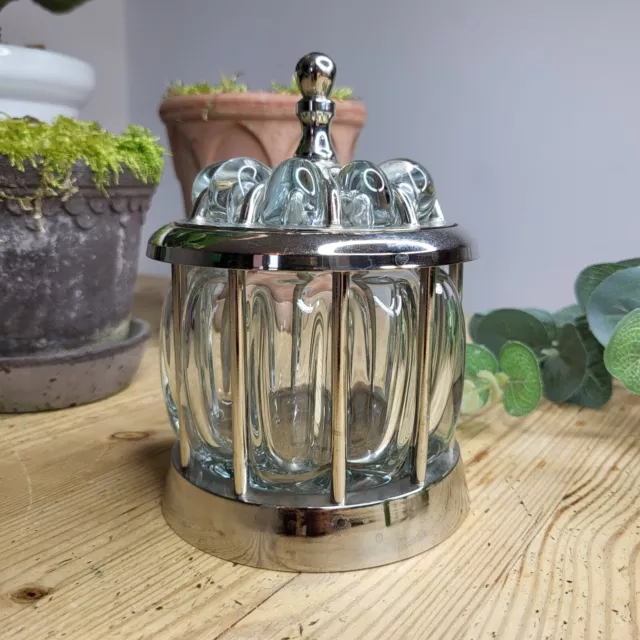 Antique Art Deco Silver Caged Bubble Glass Chrome Clear Lidded Jar Vanity Decor