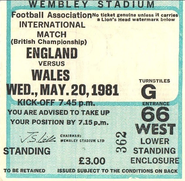 ENGLAND V WALES Ticket Stub: Wembley Stadium, 20/05/81 £2.99 - PicClick UK