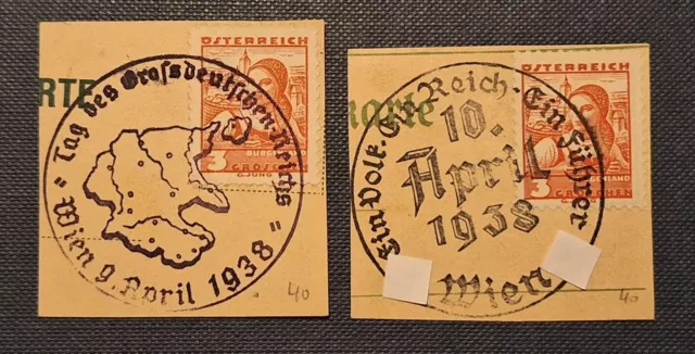 9. und 10. April 1938, 2 Briefstücke mit Sonderstempel zur Volksabstimmung