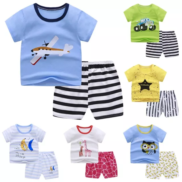 Toddler Kids Baby Boys Girls Short Sleeve Cartoon Tops Shirt+Pants Outfits Set