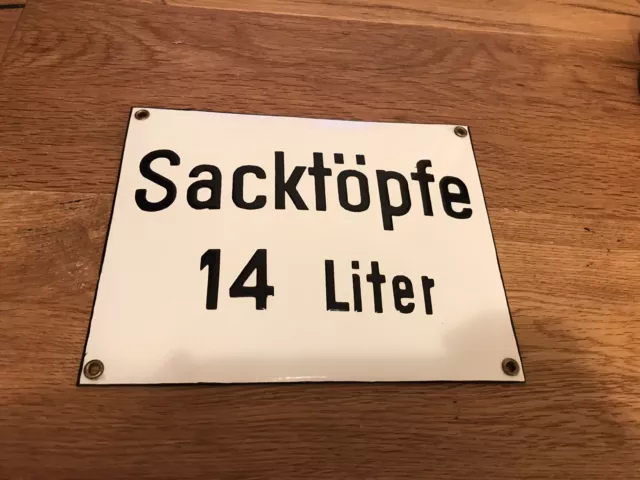 Altes dick schabloniertes Emailschild Sacktöpfe 14 Liter Hinweisschild Schild