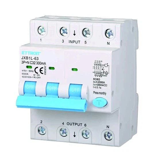 Interruttore Magnetotermico Differenziale Trifase 30mA - 3P+N 32A 380V, 6KA, Per Quadri Elettrici (4 Moduli DIN)