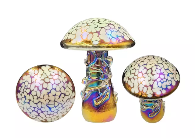 Neo Art Glass handmade white iridescent mushroom paperweight glassware ornament.