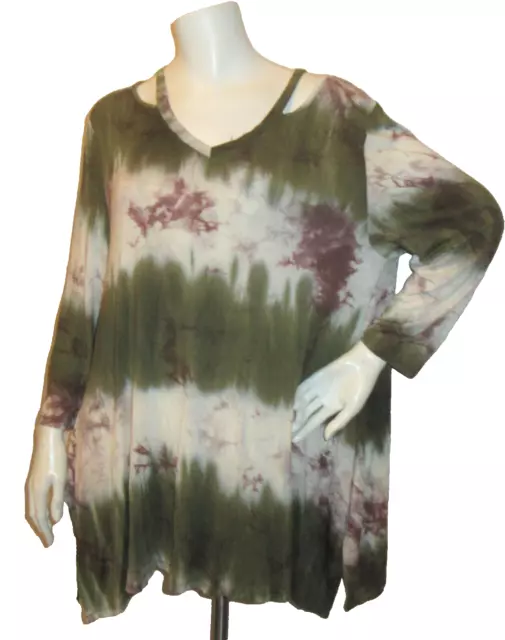 Olivia Sky XL Hippie Tunic Shirt Knit Tie Dye Stripe Olive Gray Strappy Shoulder