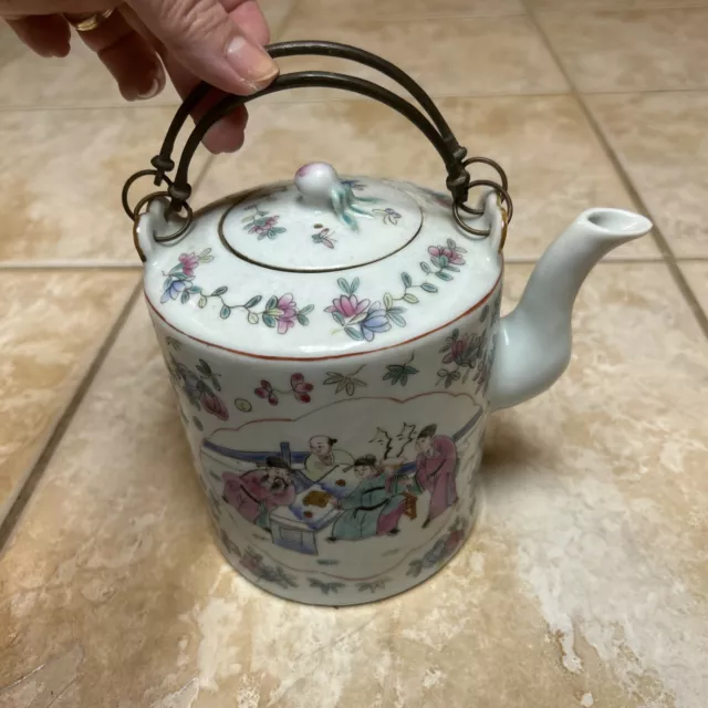 Oriental Vintage Teapot Hand Painted w/ Scenes Metal Handles Red Stamp on Bottom