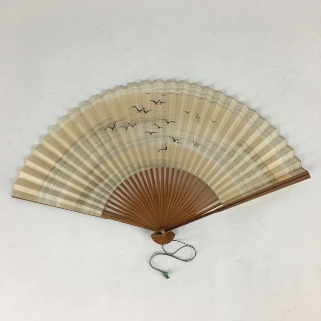 Japanese Folding Fan Vtg Sensu Bamboo Frame Paper Black Birds 4D590