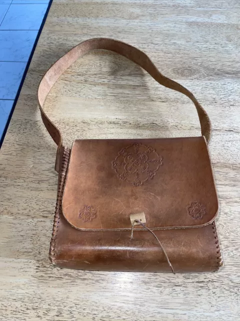 Vintage Hand Tooled Tan Leather Shoulder Bag Boho Hippie Retro