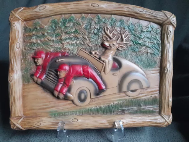 1950s VTG COPR Ornamental Arts & Crafts Chalk Ware Deer Driving Hunters On Car