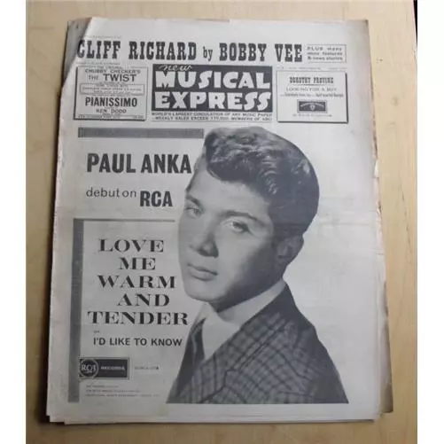 Various 1962 Nme Magazine Feb 9 1962 Paul Anka Cover Advert (Some Edge Wear/Agei