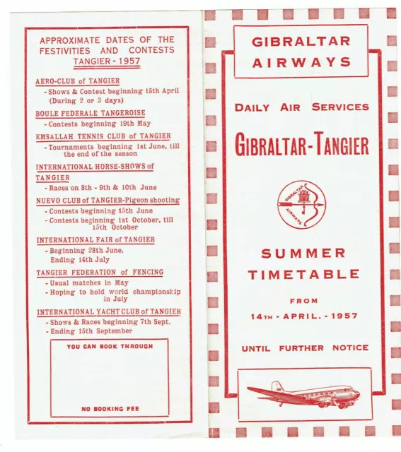 Flugplan - Gibraltar Airways April 1957 Summer Timetable Fliegen Reise Urlaub