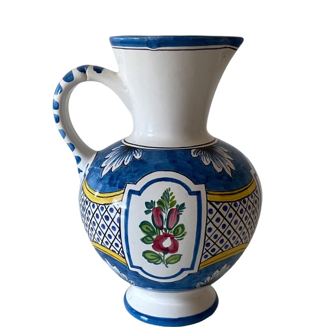 Blue Multi Floral Gmundner Keramik Jug Pitcher Austria 9in Hand Painted