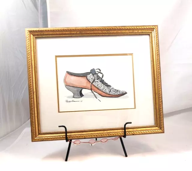 Peggy Abrams Watercolor Prints Set of Victorian Shoes 2 Signed and Framed