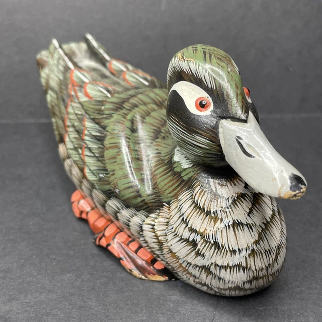 Vintage 1980s Hand Carved Wooden Hand-Painted Duck Solid Wood 6.5" Carving