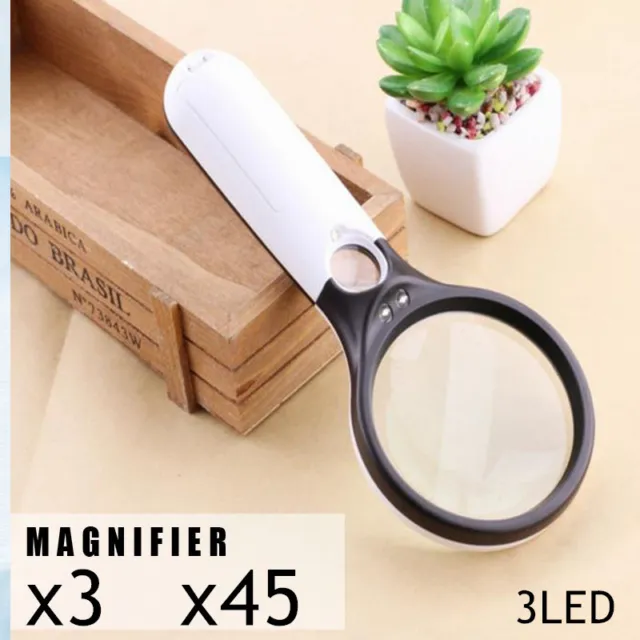 3 LED Light 3X 45X Handheld Magnifier Magnifying Glass Reading Jewelry Loupe
