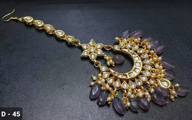 India Bollywood Color Dorado Morado Maang Tikka Kundan Joyería Cabeza Accesorio