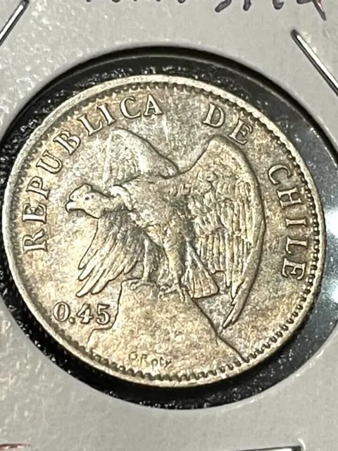 Chile 1916 20 Centavos, Km151,4, Xf, Type, 0.450 Silver, Free Usa Shipping