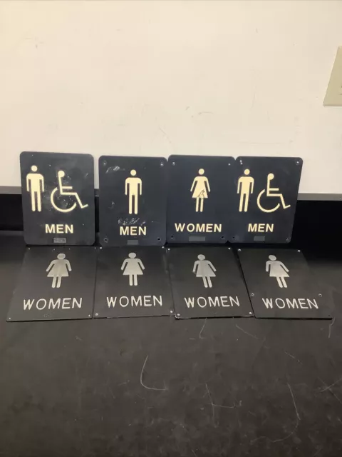 Lot Of 8 Bathroom Signs, 2 Handicap Men, 1 Men, 5 Women. Metal And Plastic