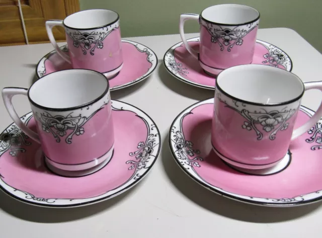 Antique Meito China Set of 4 Demitasse Cups & Saucers Hand Painted Japan