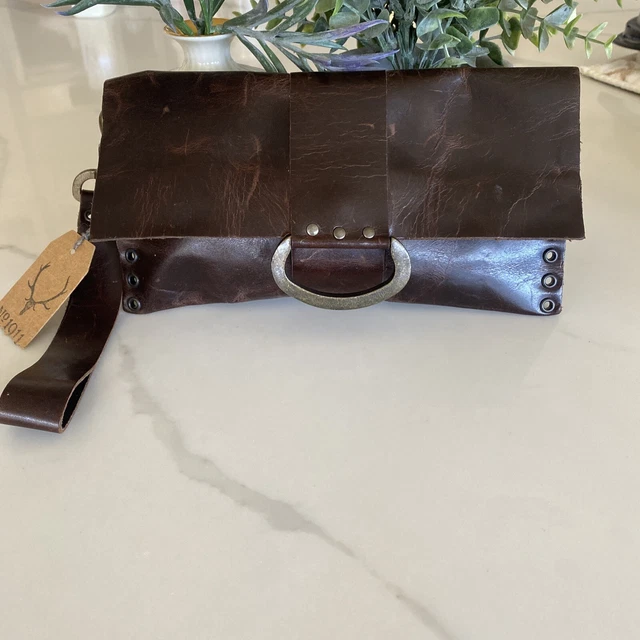NWT reBel Designs Handcrafted Dark Brown Leather Clutch Wristlet