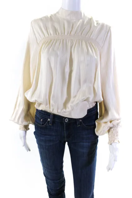 Frame Women's Mock Neck Long Sleeves Blouse Beige Size M