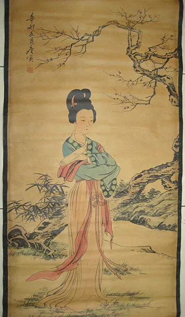 Antique Old Chinese painting scroll Beauty by Tangyin唐寅  美女