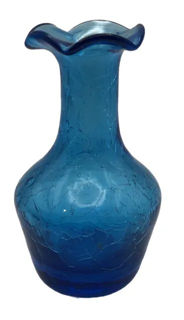 VTG Blue Hand Blown Crackle Glass Vase Fluted Top 4.5 ” Tall