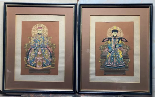 Antique Hand Painted Chinese Emperor & Empress Framed Paintings 17.5"x 21.5"