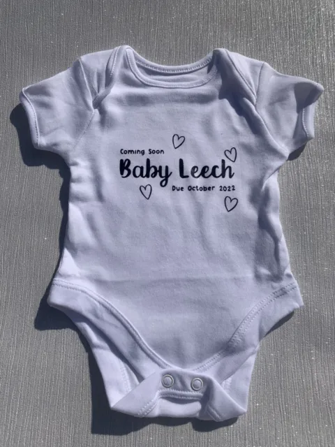 Personalised Coming Soon Pregnancy Announcement Baby Vest Grow Heart Date Due UK