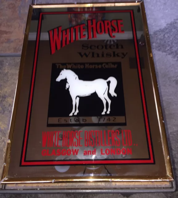 WHITE HORSE CELLAR SCOTCH WHISKEY Framed VTG Bar Mirror 18"  12" Glasgow London