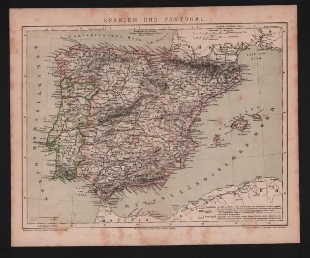 Landkarte map 1886: Spanien und Portugal. Mallorca Ibiza