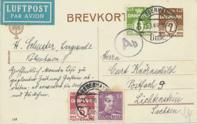 DÄNEMARK 1944 7 Öre Ziffer GA-Postkarte m. Zusatzfrankatur als LUFTPOST-Karte
