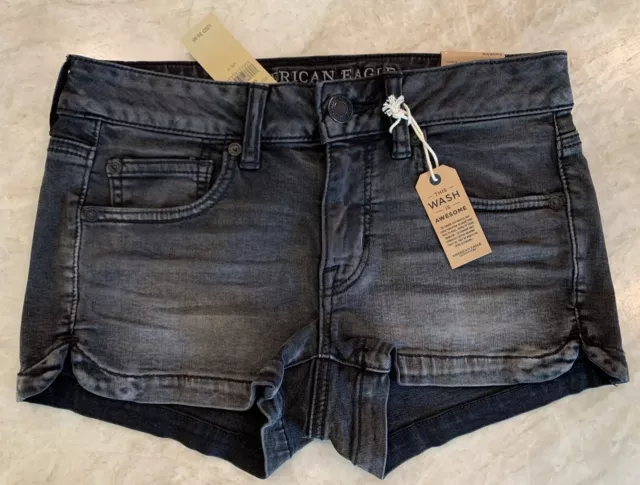 NWT American Eagle Black Wash Denim Shorts Size 4 Shortie Super Stretch New Tags