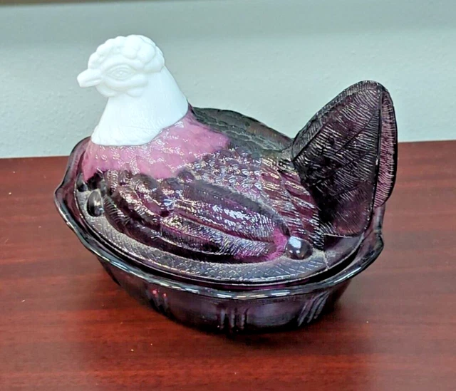 Fenton Glass 5.5" Hen on Nest Amethyst Milk Glass White Head Purple Candy Dish