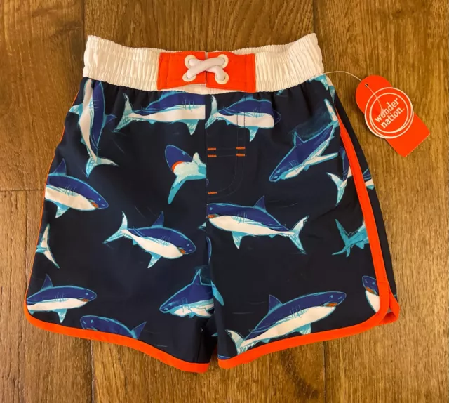 Wonder Nation Boys 12 Mo Shark Swim Trunks Swimming Suit Shorts Blue Fish Lined