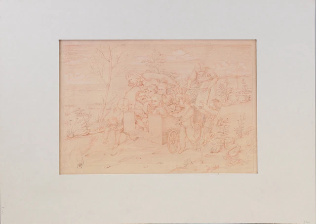 8863055 Rötelzeichnung Firmado Rudolf Voigt Kindergartenausflug