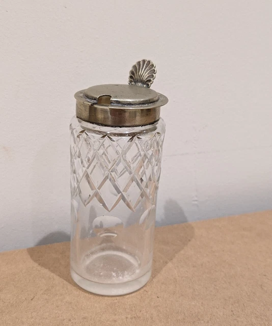 Antique Cut Crystal Mustard Pot Silver Hinged Lid