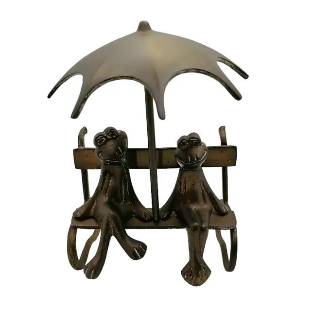 Brass Figurine Happy Frogs On Bench With Umbrella Retro Vintage Fathers Day Gift