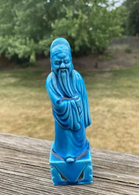 Antique Chinese Turquoise Blue Glaze Ceramic Vintage Deity Scholar Old Mudman