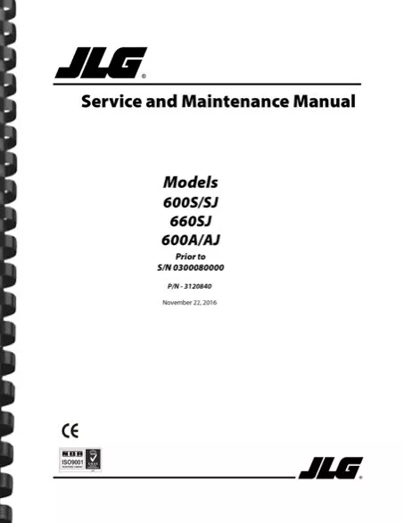 JLG 600S 660SJ 600A 600AJ Telescopic Boom Lift SERVICE & MAINTENANCE MANUAL