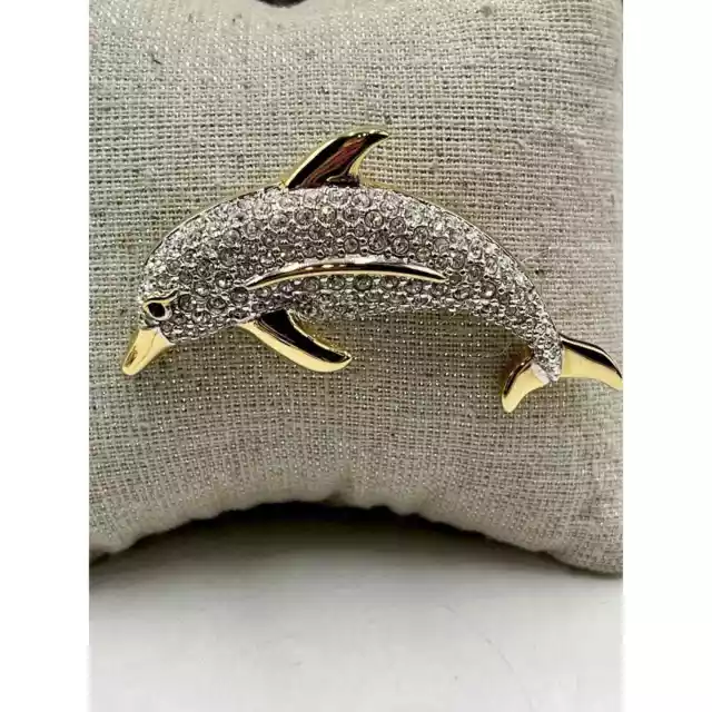 SWAROVSKI Signed Vintage Clear Crystal Pave Dolphin Sea Pin/Brooch Retired