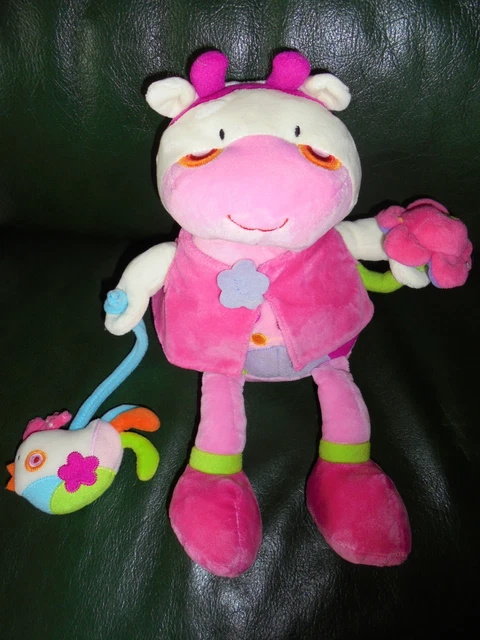 Peluche Doudou BAWI GO Vache d'Activité Oiseau Fleur Grelot Pouet 30 cm